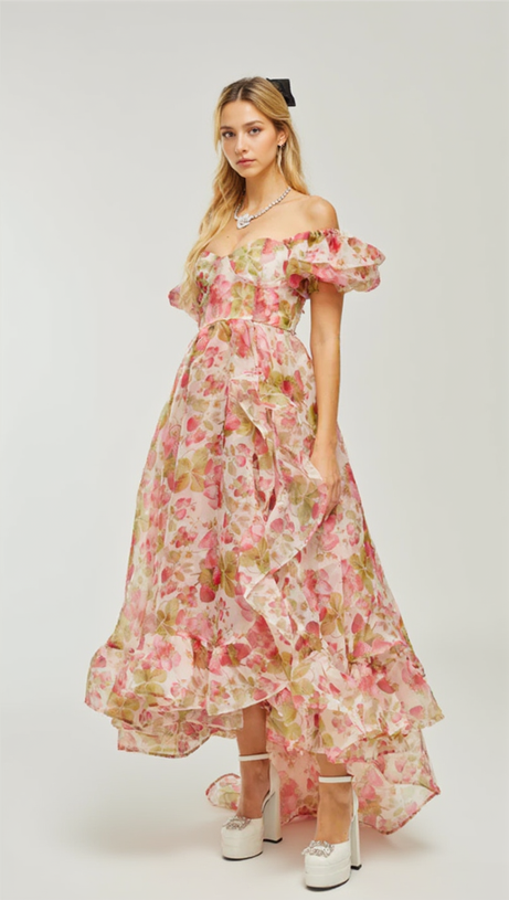 FRUIT-PRINT RUFFLED MAXI DRESS IN PINK