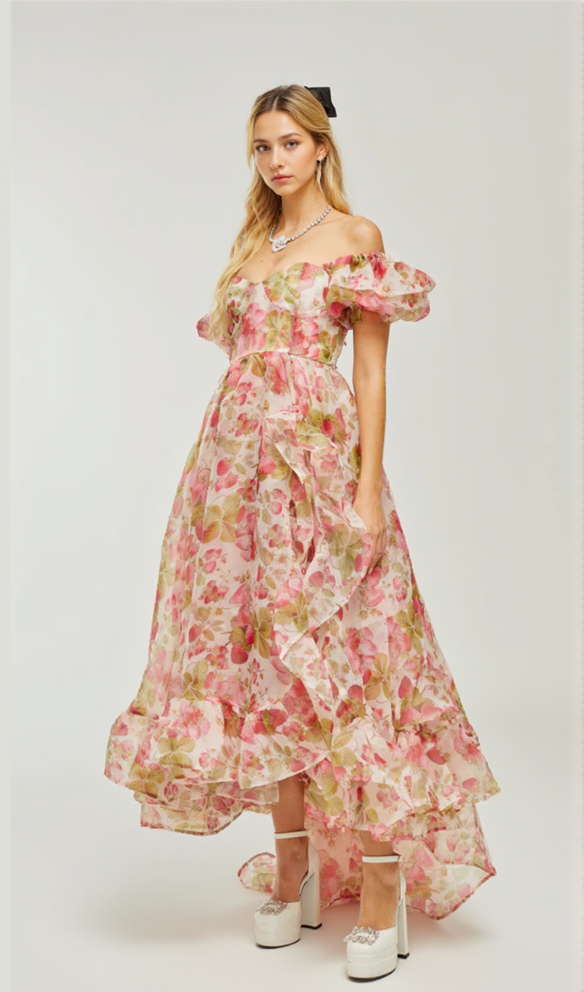 AIIZIE FRUIT-PRINT RUFFLED MAXI DRESS IN PINK - product image