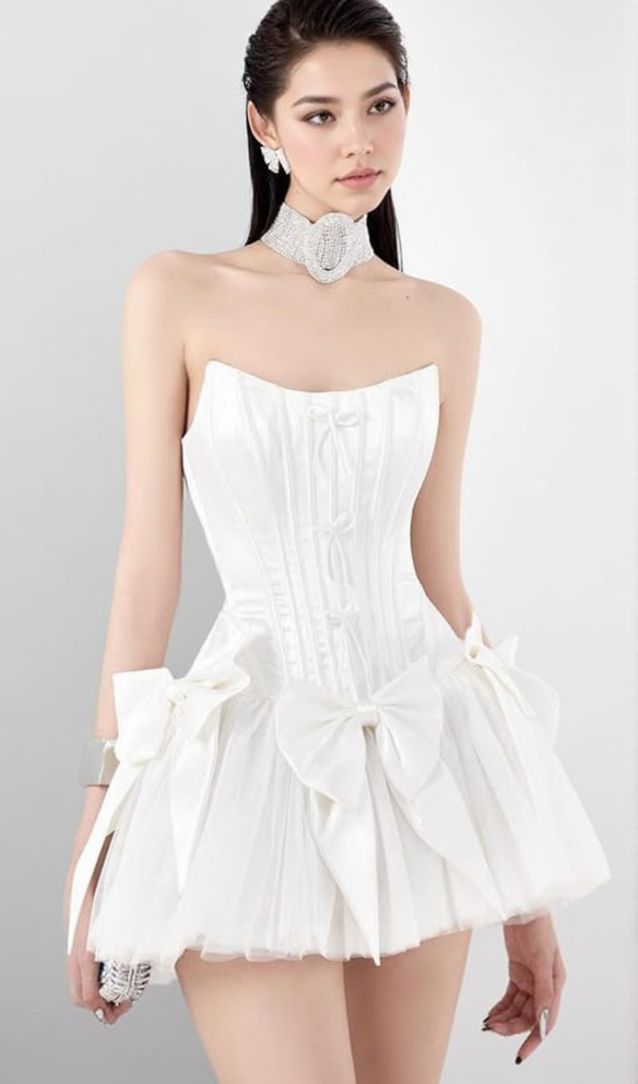 ELSIE BOWKNOT MESH STRAPLESS MINI DRESS IN WHITE