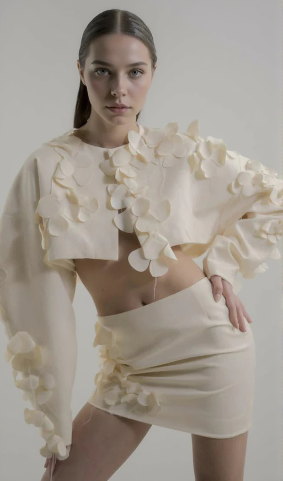 ESTHER WHITE 3D FLORAL LONG SLEEVE TOP MINI SKIRT SET