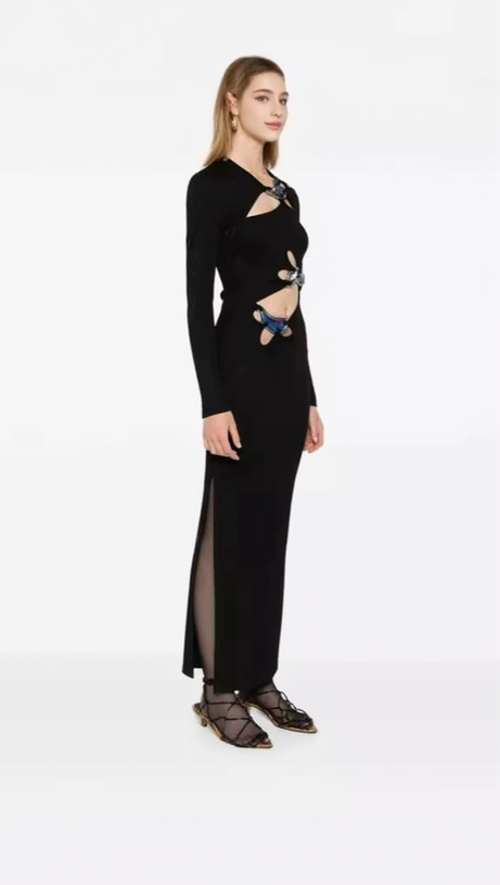SALLY BLACK LONG SLEEVE CUT-OUT RIBBED MAXI DRESS