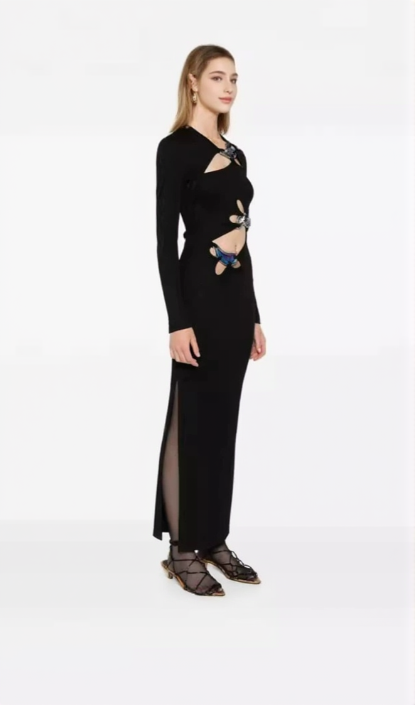 AIIZIE SALLY BLACK LONG SLEEVE CUT-OUT RIBBED MAXI DRESS - product image