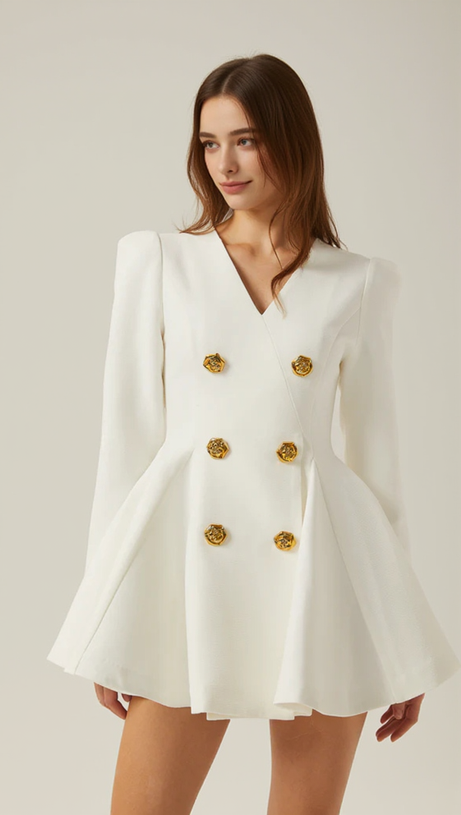 GOLD-BUTTON PLEATED PEPLUM-HEM WHITE  BLAZER DRESS