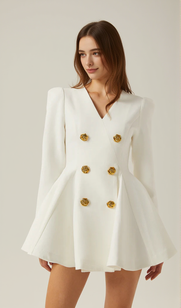 gold-button pleated peplum-hem white  blazer dress