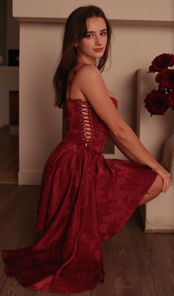 AIIZIE LOLA WINE JACQUARD SATIN DRAPED MINI DRESS[PRE ORDER] - product image