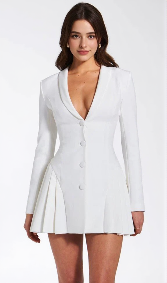 BEULAH PLEATE BLAZER MINI DRESS IN WHITE