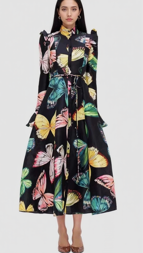 BUTTERFLY SLEEVE PAPILLON PRINT MIDI DRESS IN BLACK