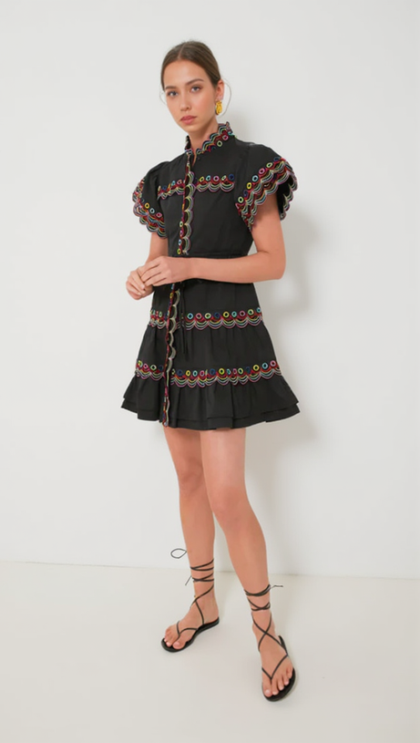 MINI ABITO NERO CON BORDI arricciati e ondulati