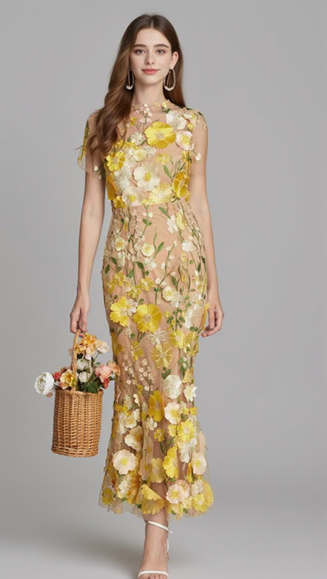 MIDIKLEID AUS MESH MIT FISCHSCHWANZ UND BLUMENSTICKEREI IN GELB