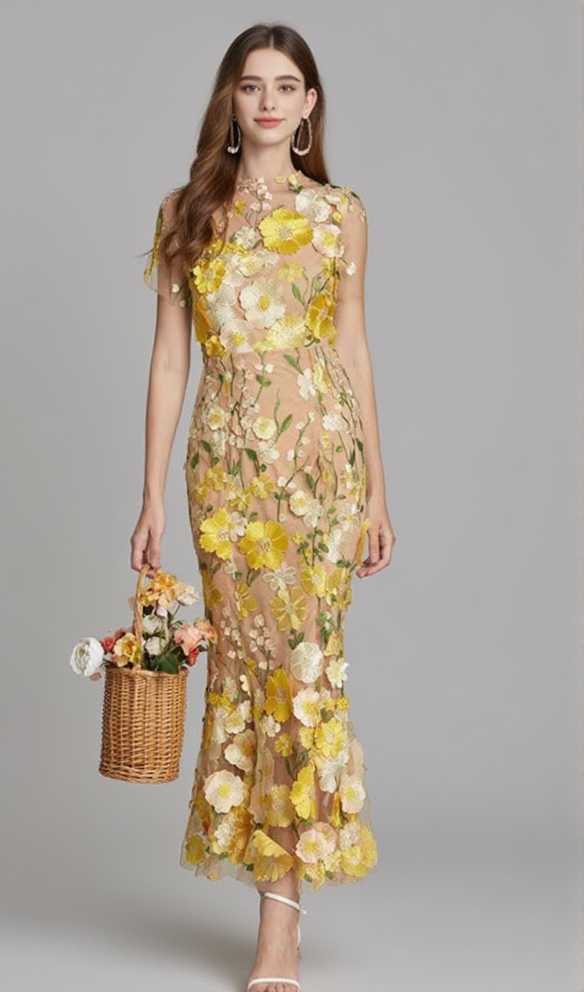 AIIZIE FLORAL EMBROIDERY MESH FISHTAIL MIDI DRESS IN YELLOW - product image