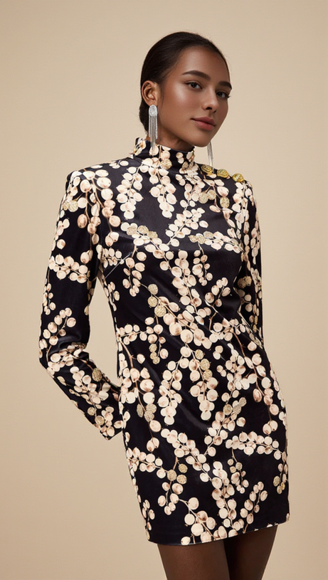 CHAHA REDCURRANT PRINT VELVET MINI DRESS