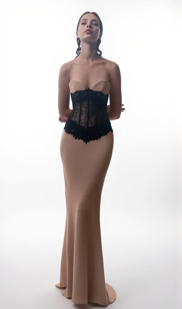ADELE CREPE LACE CORSET MAXI DRESS IN BEIGE