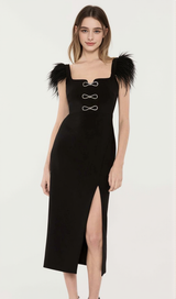 CARI BLACK BOW FEATHER BANDAGE MIDI DRESS