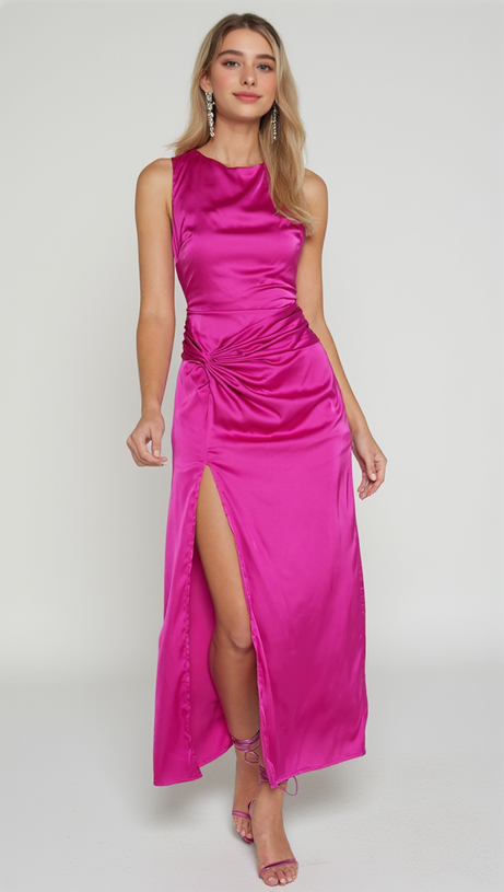 TWIST DETAIL MIDI DRESS IN FUCHSIA