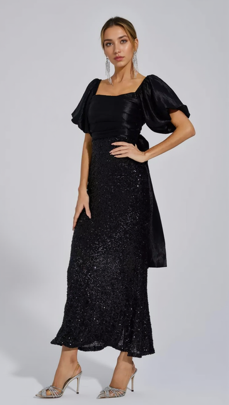 MARIA BLACK BOW SEQUINS EMBELLISHED MAXI DRESS