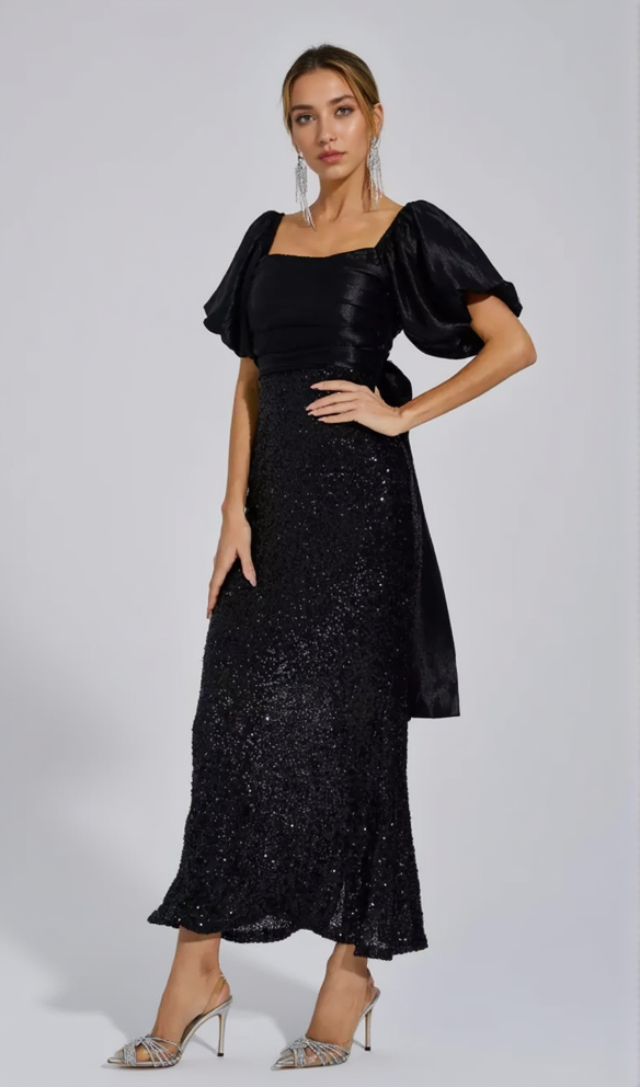 AIIZIE MARIA BLACK BOW SEQUINS EMBELLISHED MAXI DRESS - product image