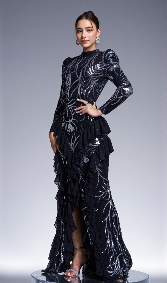 AIIZIE RUFFLE TRIM SEQUIN PRINT MAXI DRESS IN BLACK - product image