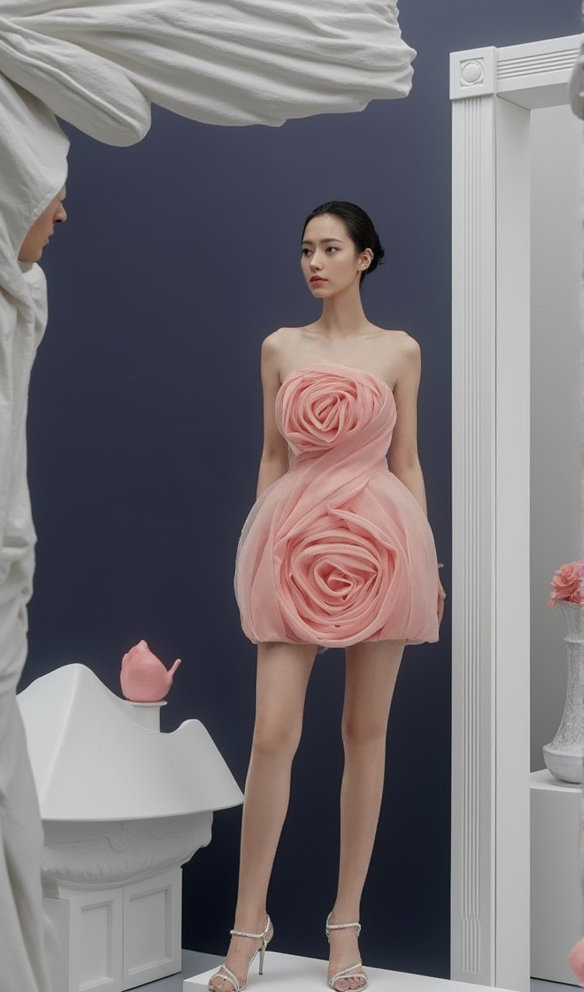 STRAPLESS 3D FLOWER MINI DRESS IN PINK