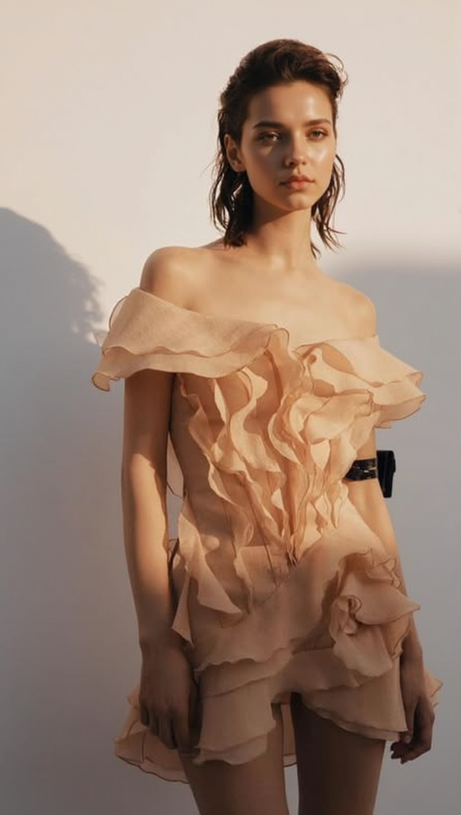 Miniabito senza spalline a strati con volant Sabrina color corallo