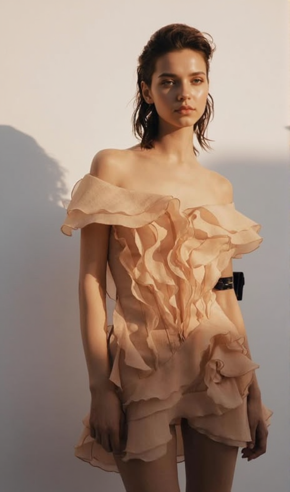 SABRINA TRÄGERLOSES MINIKLEID MIT RÜSCHENLAGEN IN KORALLE