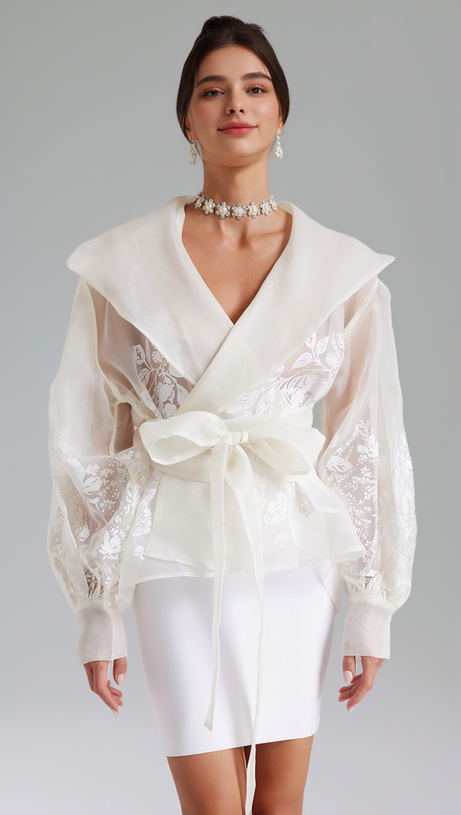 LANTERN SLEEVE EMBROIDERY SHIRT JACKET IN WHITE