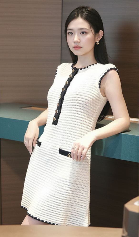 PANDORA 8-BUTTON WHITE SLEEVELESS CROCHET MINI DRESS