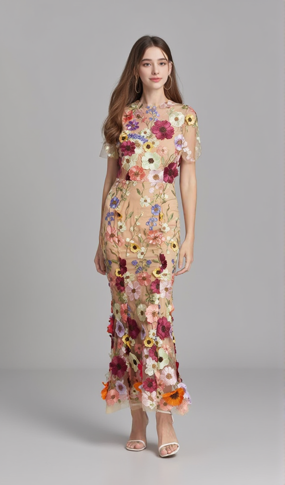 AIIZIE FLORAL EMBROIDERY MESH FISHTAIL MIDI DRESS IN BROWN - product image