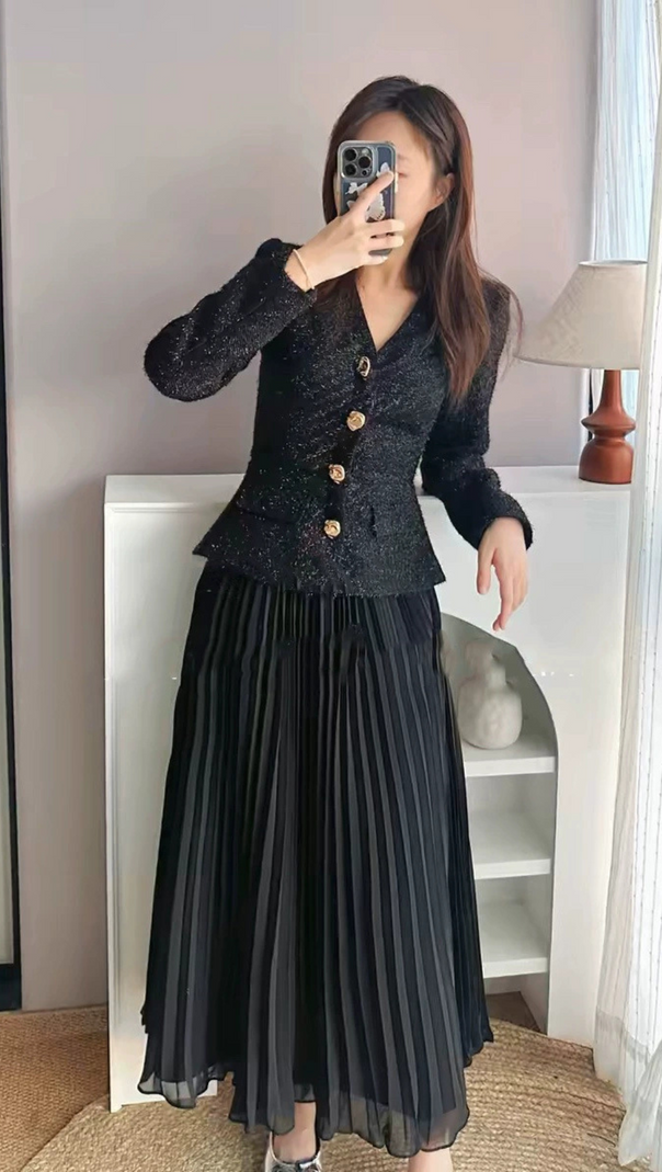 AIIZIE BLACK TINSEL BOUCLE CHIFFON MIDI DRESS - product image