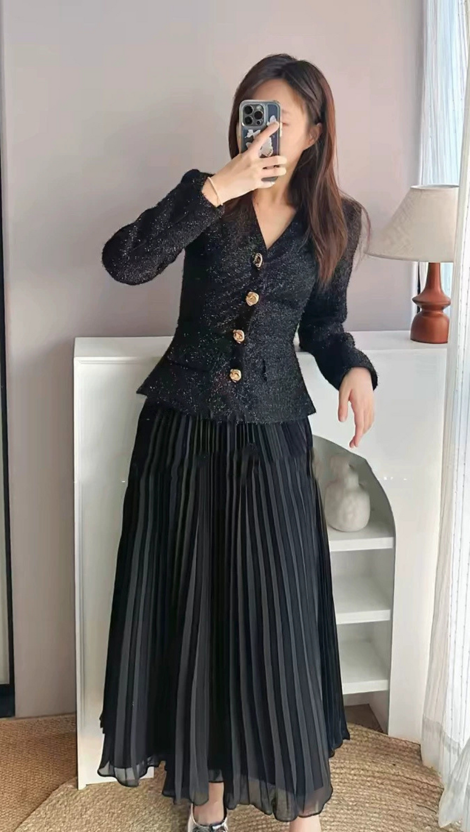 BLACK TINSEL BOUCLE CHIFFON MIDI DRESS