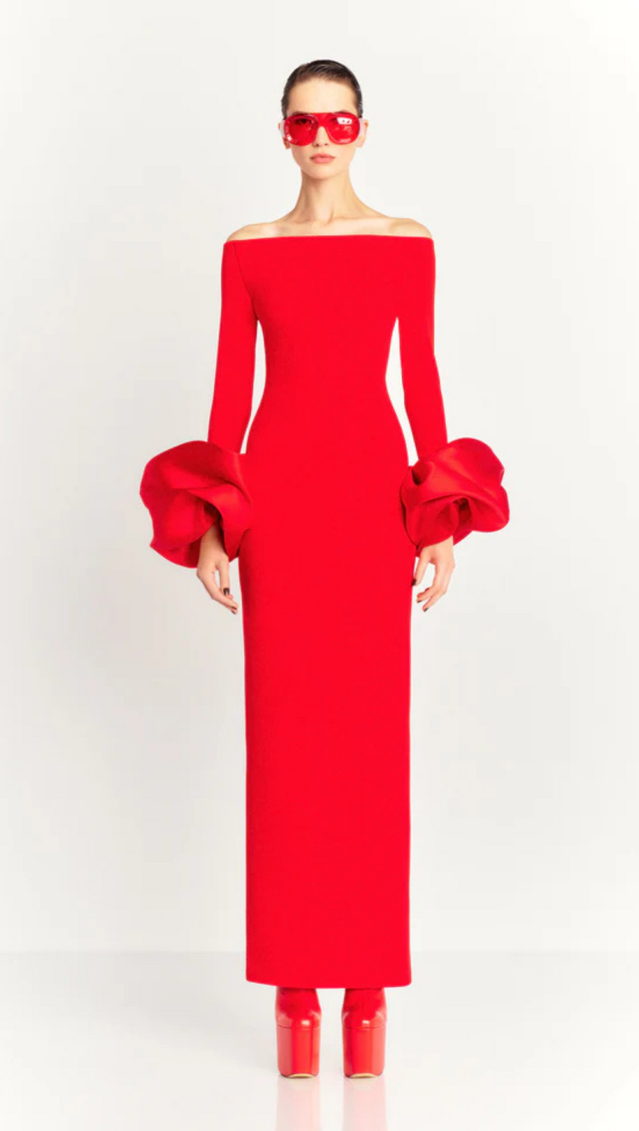 OLINDAN OFF SHOULDER MAXI DRESS IN RED