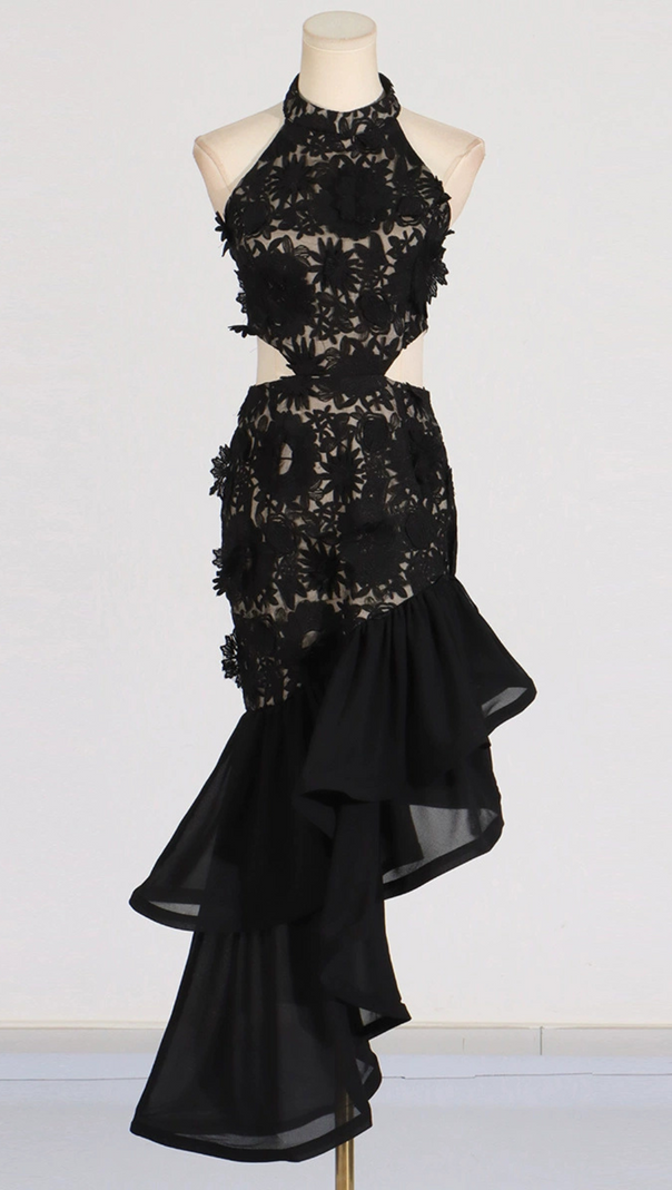 AIIZIE MADGE FLOWER EMBELLLISHED CUT OUT MAXI DRESS IN BLACK - product image