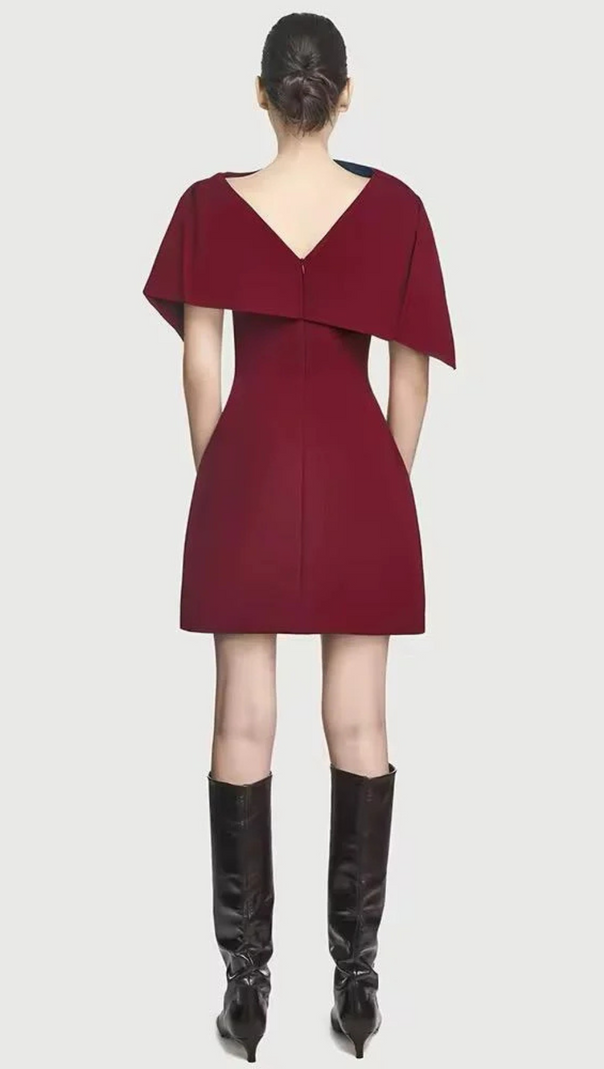 AIIZIE A-LINE BURGUNDY MINI DRESS WITH ASYMMETRICAL SHOULDER PLEAT - product image