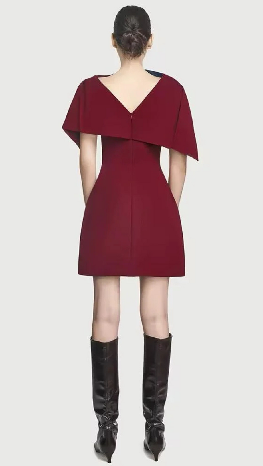 A-LINE BURGUNDY MINI DRESS WITH ASYMMETRICAL SHOULDER PLEAT
