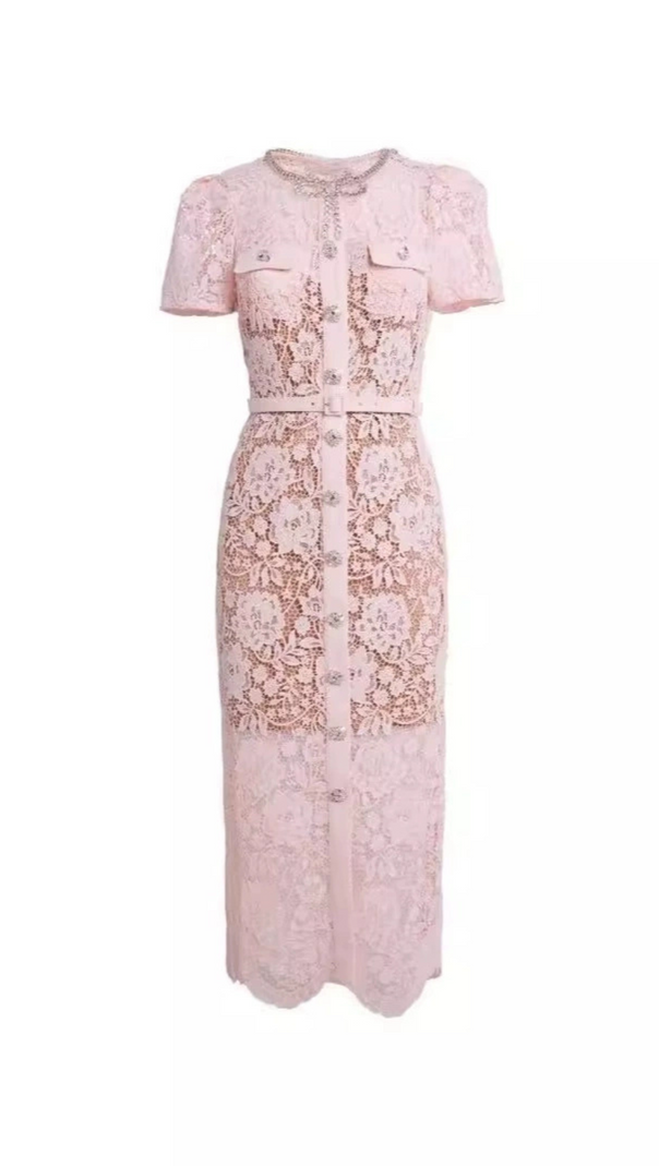 AIIZIE PINK LACE DIAMANTE BOW MIDI DRESS - product image