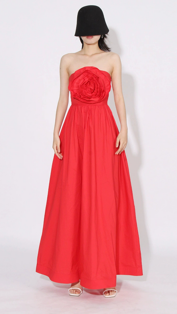 AIIZIE OFF-SHOULDER 3D FLOWER CHIFFON MAXI DRESS IN RED - product image