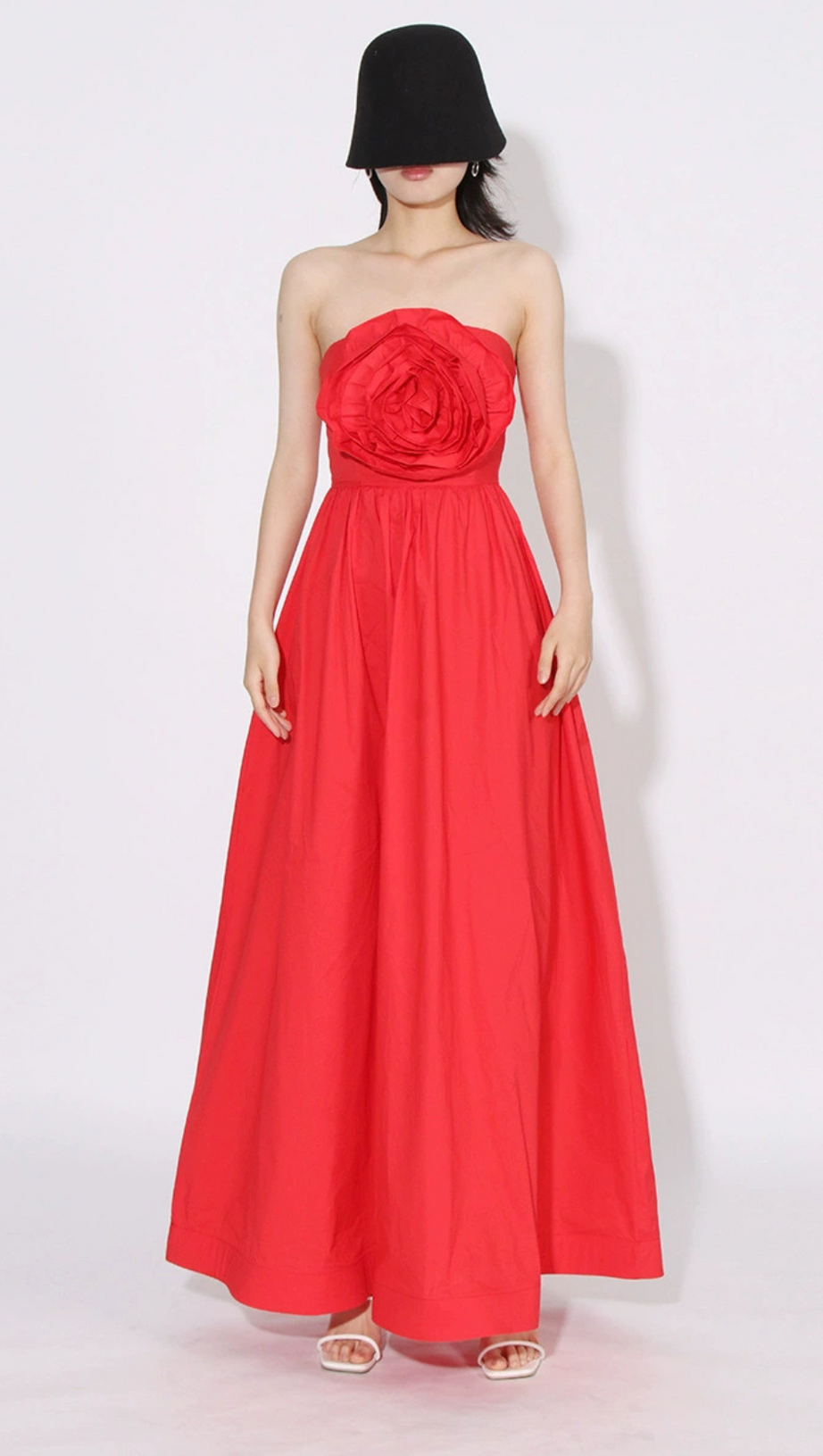OFF-SHOULDER 3D FLOWER CHIFFON MAXI DRESS IN RED