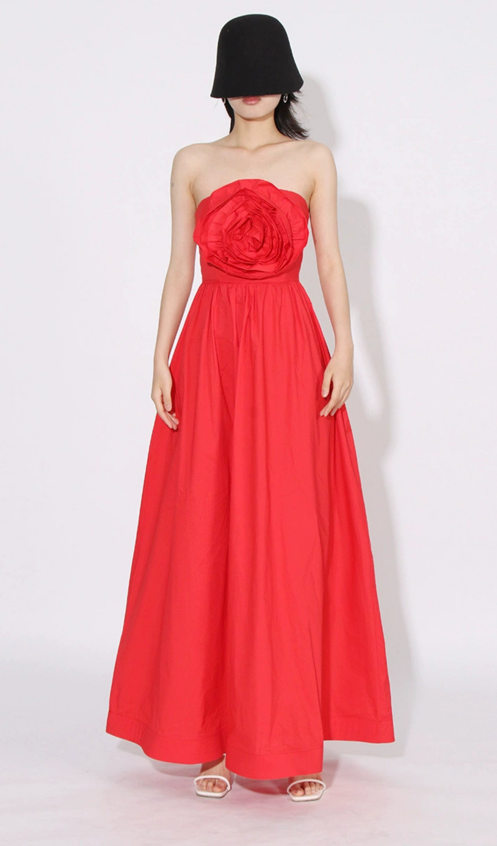 OFF-SHOULDER 3D FLOWER CHIFFON MAXI DRESS IN RED