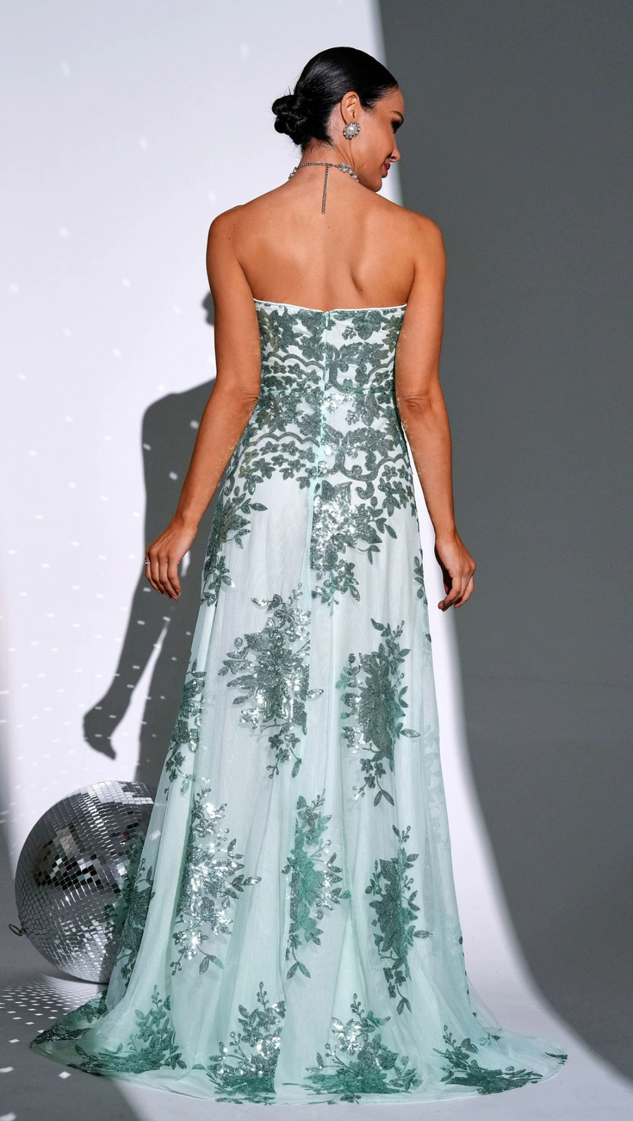 DINAH STRAPLESS SEQUIN A-LINE MAXI DRESS IN GREEN