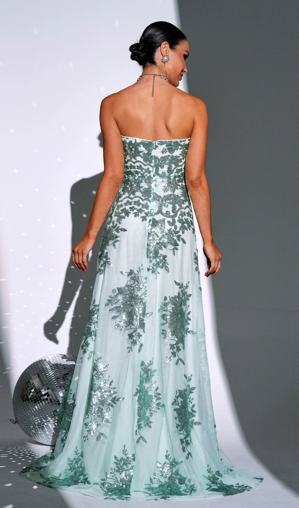 DINAH STRAPLESS SEQUIN A-LINE MAXI DRESS IN GREEN