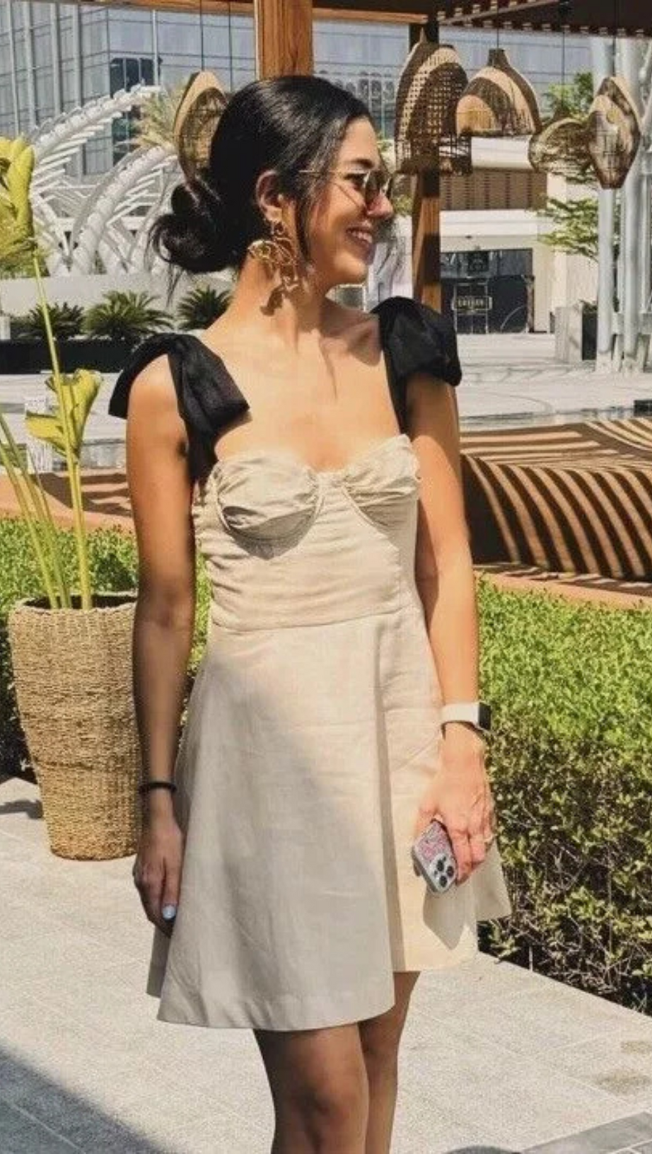 LINEN BLEND MINI DRESS WITH CONTRAST BOWS