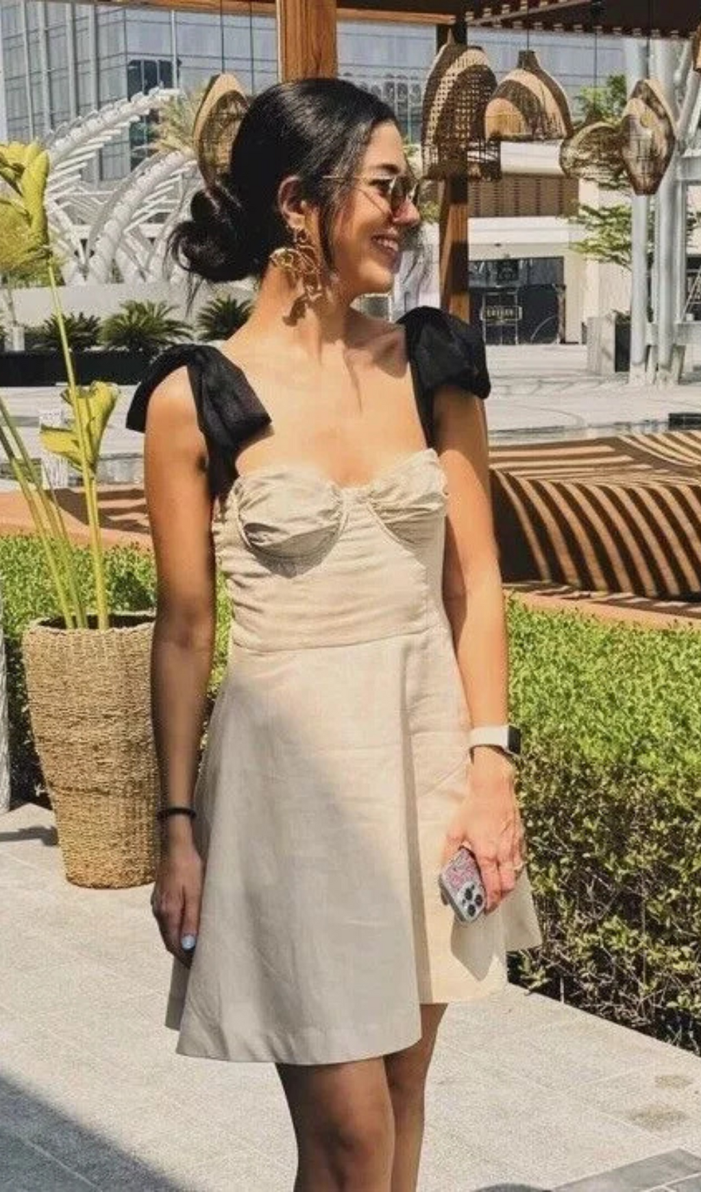 LINEN BLEND MINI DRESS WITH CONTRAST BOWS