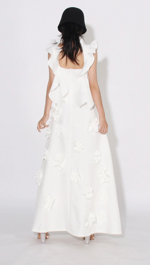 AIIZIE FLOWER RUFFLE TRIM STRAP MIDI DRESS IN WHITE - product image