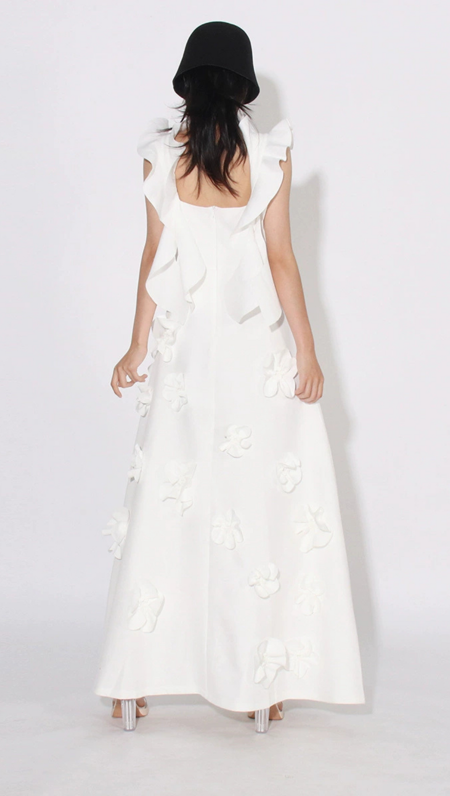 FLOWER RUFFLE TRIM STRAP MIDI DRESS IN WHITE