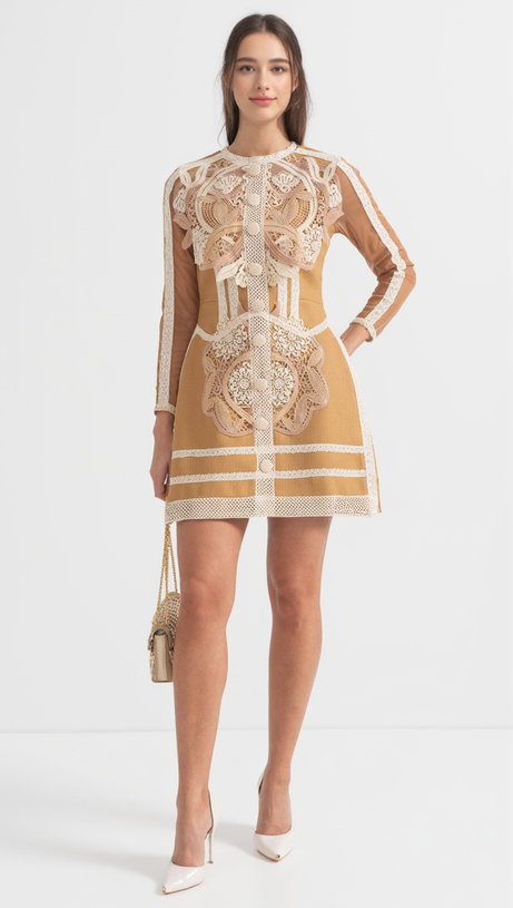 HOLLOW LACE PEPLUM MINI DRESS IN YELLOW