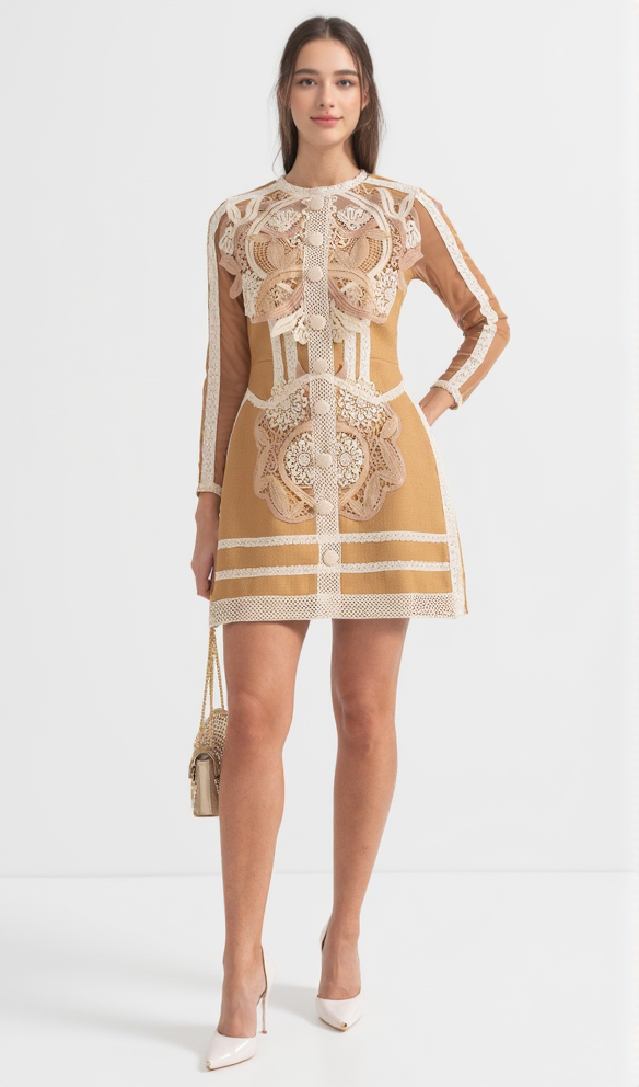 AIIZIE HOLLOW LACE PEPLUM MINI DRESS IN YELLOW - product image