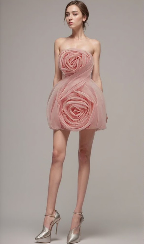 STRAPLESS 3D FLOWER MINI DRESS IN PINK