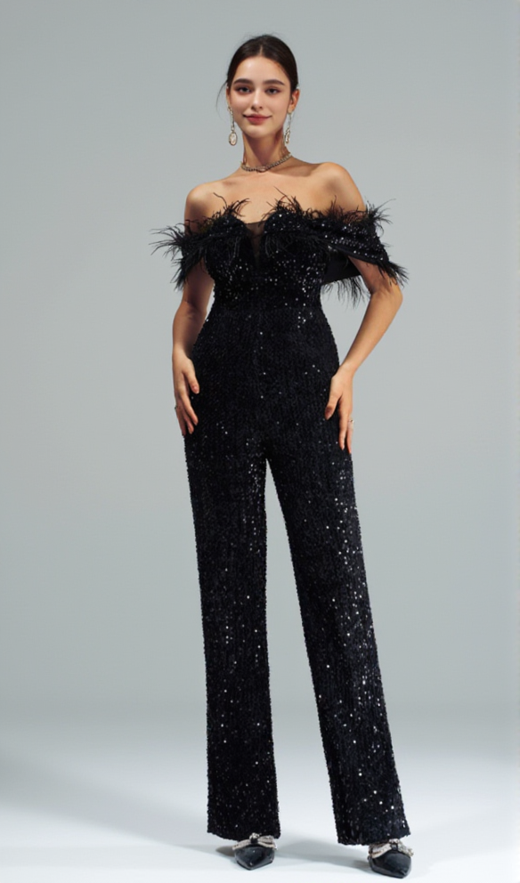 OFF-SHOULDER SEQUIN JUMPSUIT IN BLACK