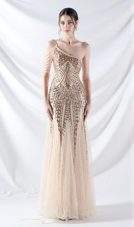 DEIRDRE GOLDENES ONE-SHOULDER-MAXIKLEID MIT PAILLETTEN UND FISCHSCHWANZ