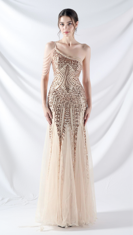 DEIRDRE GOLD ONE-SHOULDER SEQUINED FISHTAIL MAXI DRESS