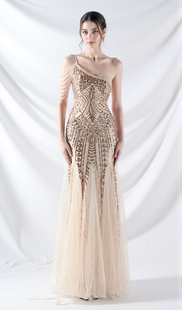 DEIRDRE GOLD ONE-SHOULDER SEQUINED FISHTAIL MAXI DRESS